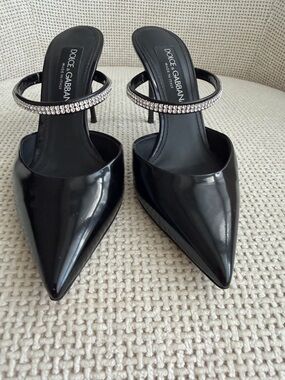 Dolce & Gabbana Black Patent Pointed Toe Rhinestone-Embellished Mules